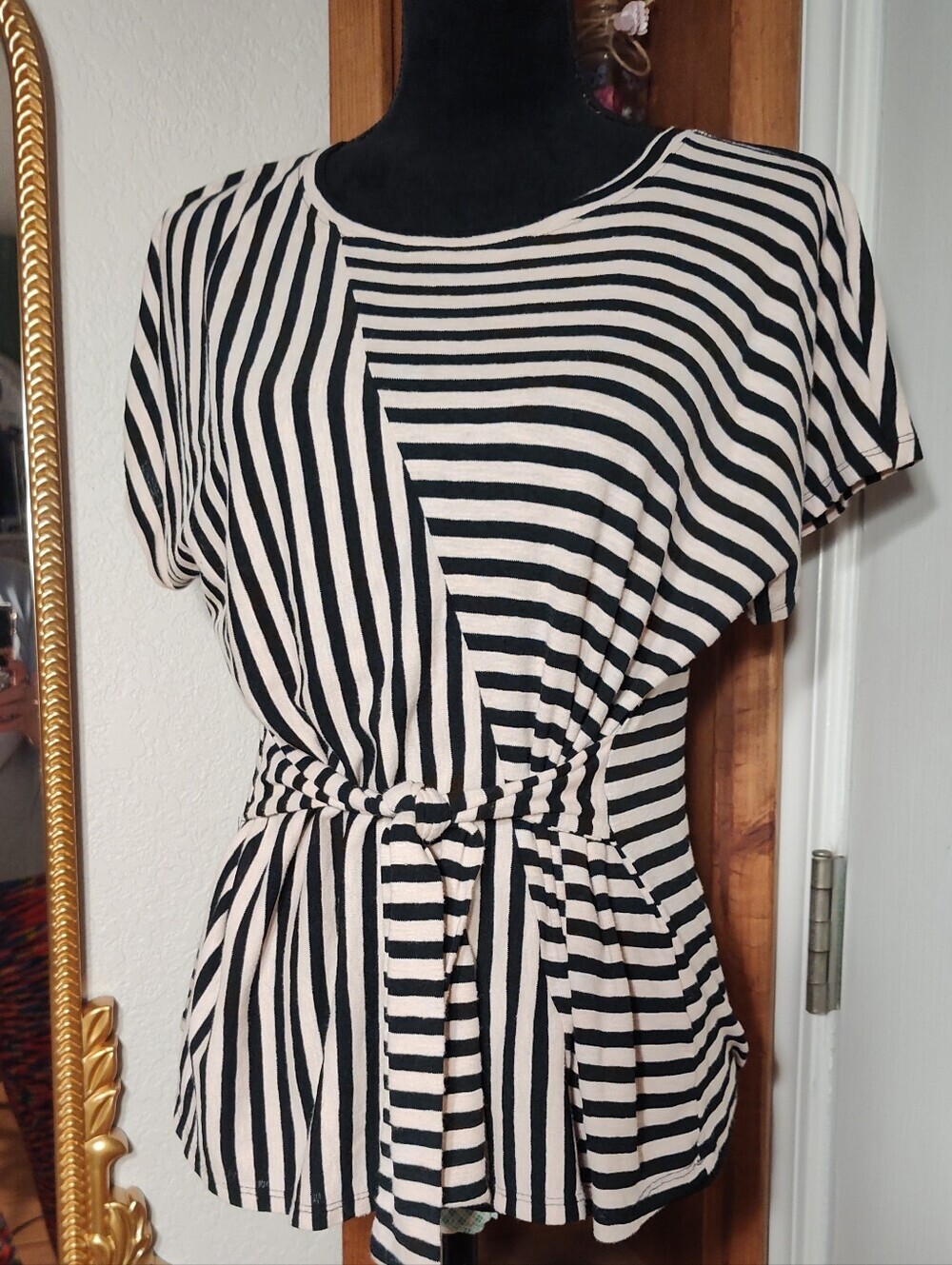 Striped Black and Cream Tie-Waist Tee